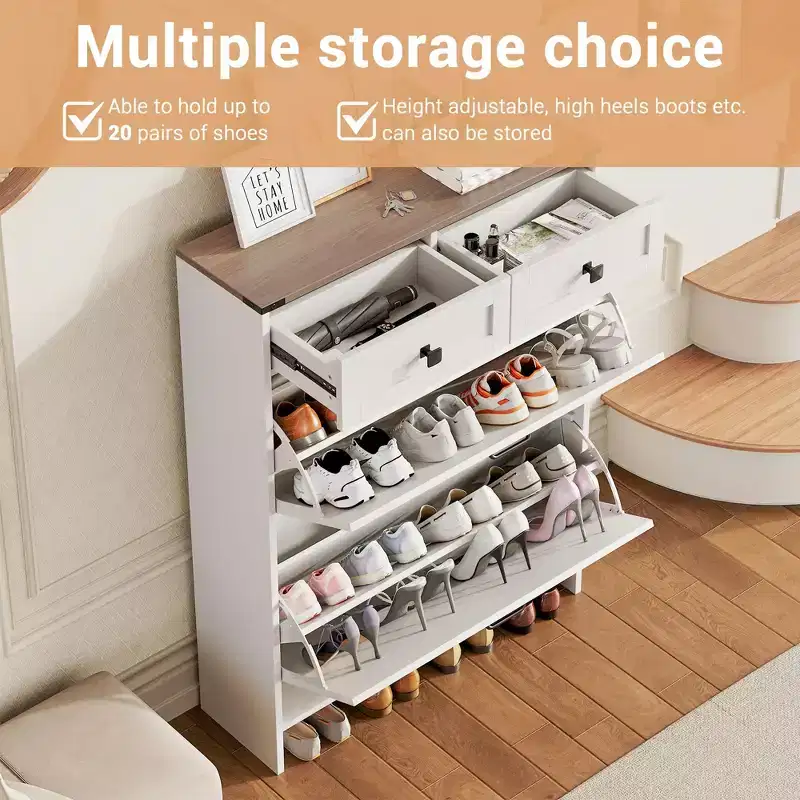 Shoe Storage Cabinet with 2 Flip Drawers and 2 Storage Cabinet, Entryway Shoe Rack, Farmhouse Wooden Shoe Cabinet for Hallway, Entryway, White