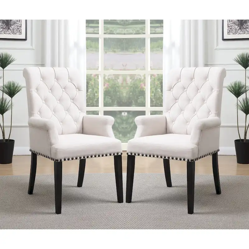 Rolled Back Design Button Tufted Beige Dining Arm Chair with Nailhead Trim
