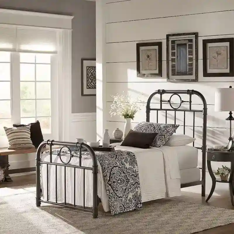 Metal Bed Frame - Black - Curved Headboard and Footboard