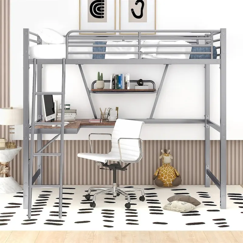 Merax Metal Loft Bed with L-shaped Desk and Shelf
