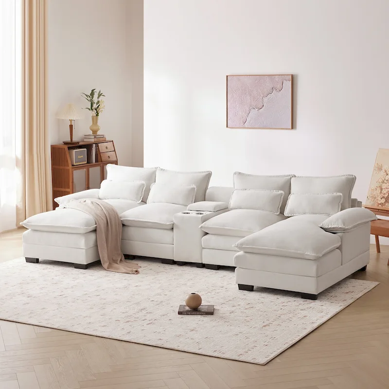 White U-Shaped Sectional Sofa with Double Chaise, Sleeper Style, Seats 6–7
