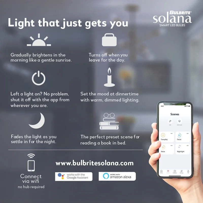 Bulbrite Solana 2-Pack A19 WiFi Connected Edison Filament LED Smart Light Bulb, Clear - Tunable White