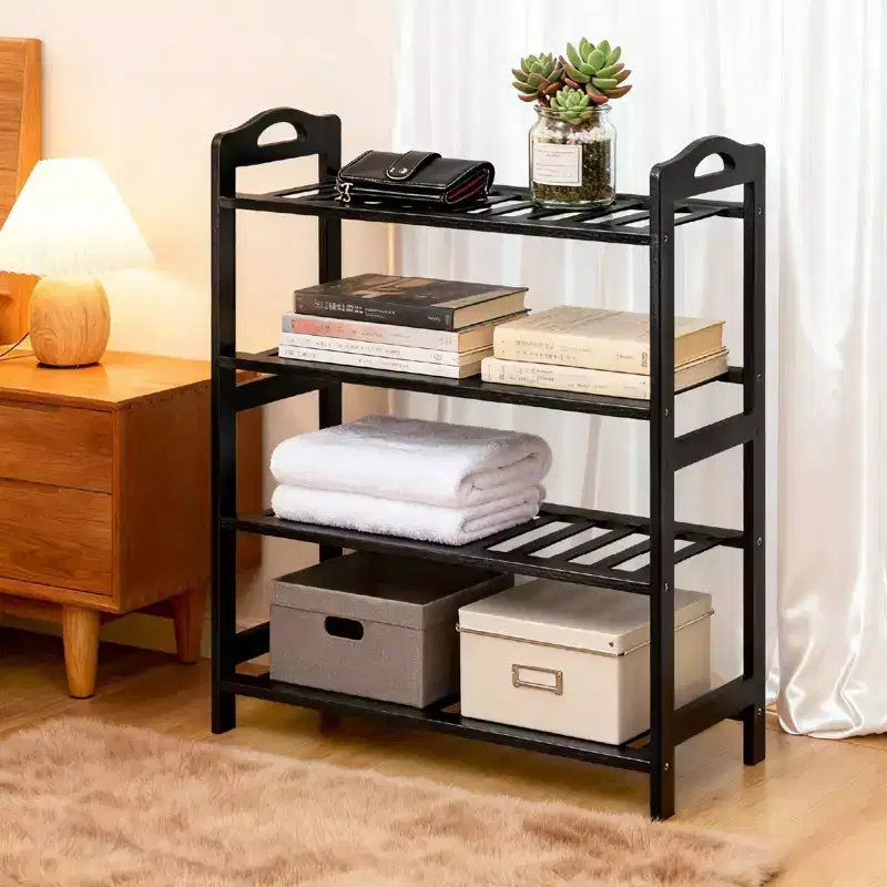 Karl Home 4-Tier Portable Bamboo Shoe Rack 12 Slats Black 26.8 Inch
