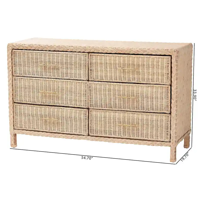 Lanica Japandi Sun-Bleached Braided Rattan 6-Drawer Dresser