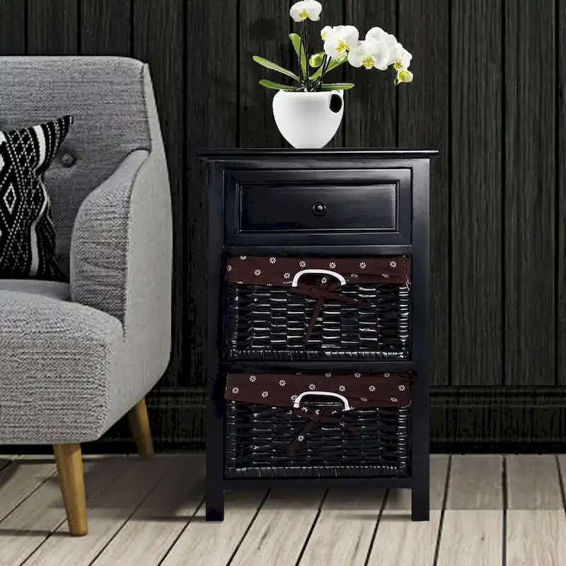 Black 3-Tier Paulownia Wood Nightstand with 1 Drawer and 2 Removable Storage Baskets