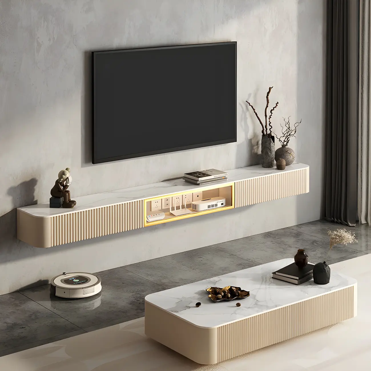 71 Beige Stone Floating TV Stand with Cable Management
