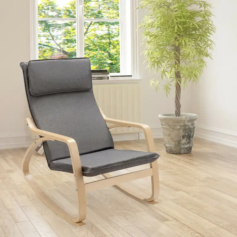 Modern Bentwood Rocking Chair Fabric Upholstered Relax Rocker Lounge Chair
