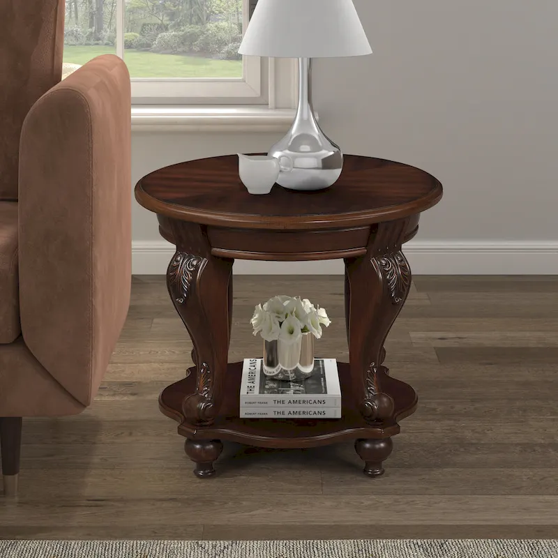 Round End Table with Lower Shelf and Cabriole Legs