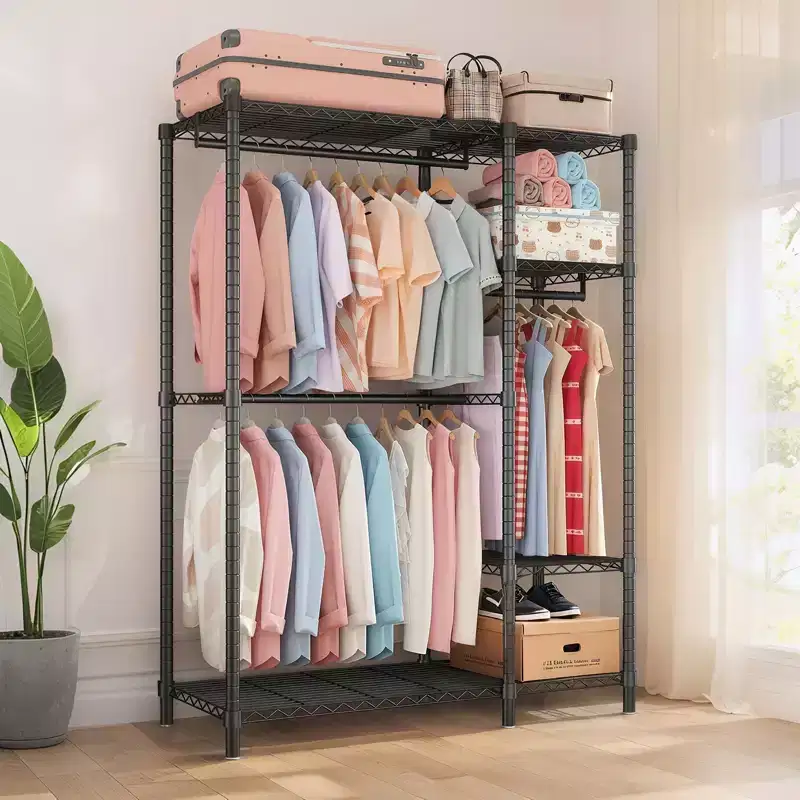 Heavy Duty Freestanding Clothes Rack - 6-Tier Adjustable Wire Shelves, 3 Hanging Rails, Portable Metal Closet Organizer (Black)