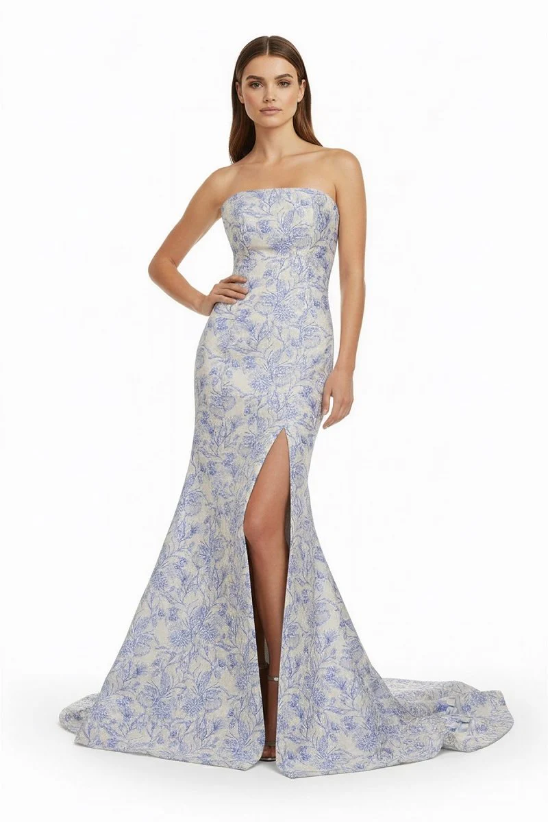 Blue Strapless Mermaid Floral Jacquard Long Formal Prom Dresses With Slit