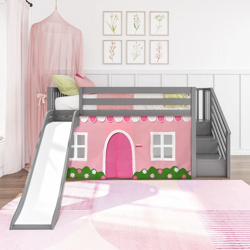 Max and Lily Classic Twin Low Loft with Stairs, Easy Slide and Curtain