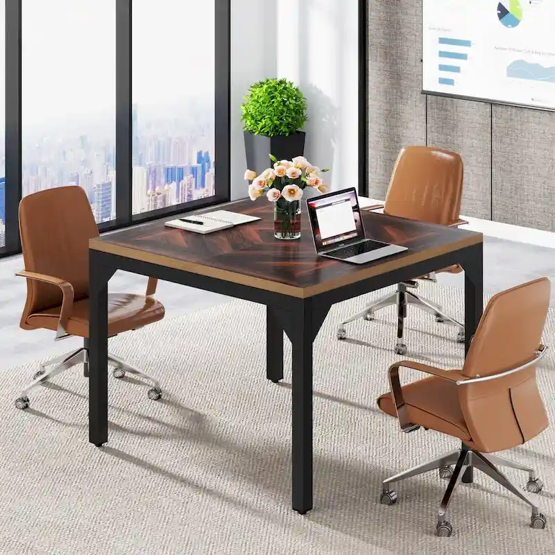 Square Office Table with Metal Frame, 39.37 x 39.37 x 29.52 Inch