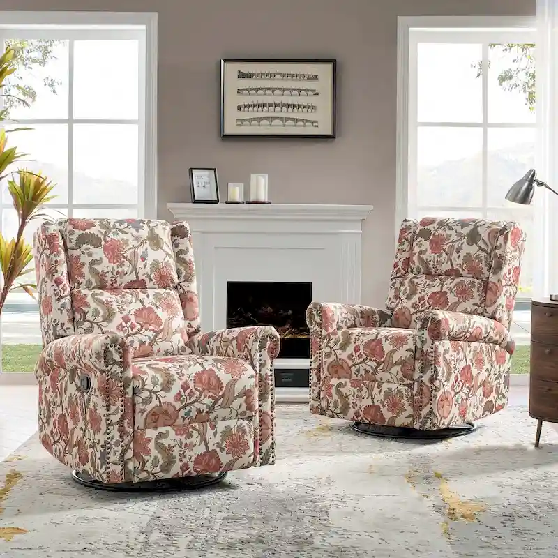 Leopold Transitional Floral Print Manual Swivel Rocking Recliner with Nailhead Trims Set of 2 by HULALA HOME