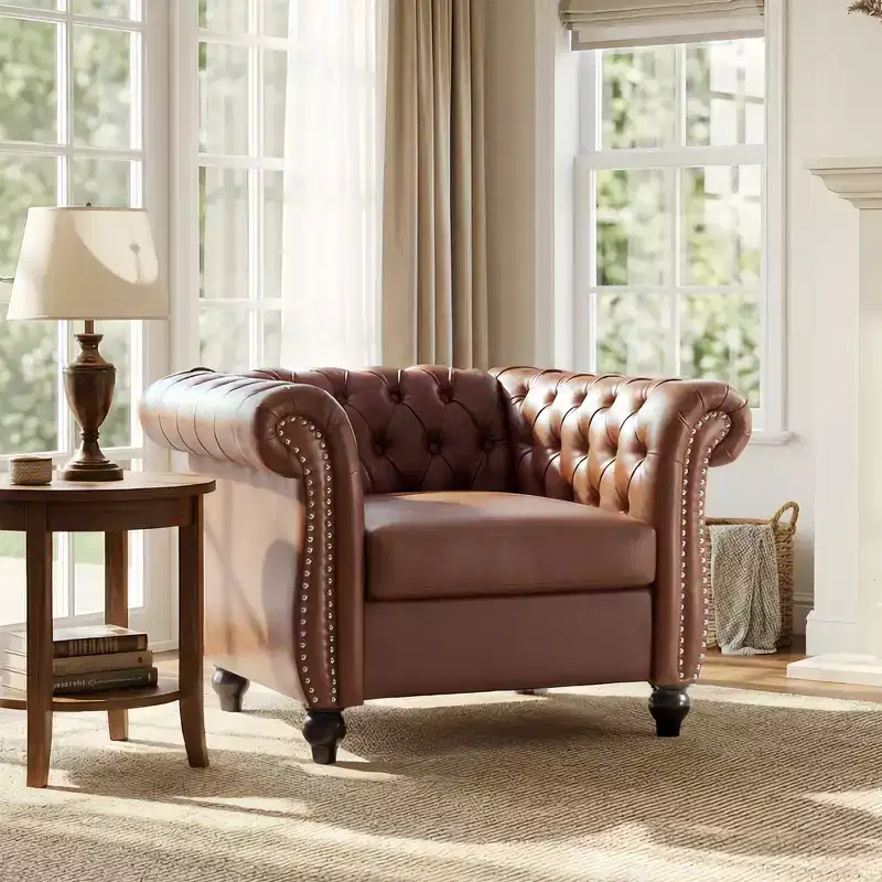 Whisen Modern Chesterfield Accent Chair, Club Chair with Scrolled Arms, Nailhead Trim and Solid Wood Legs