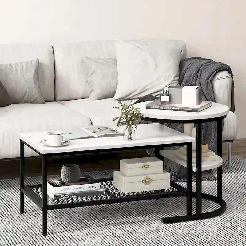 Gymax Nesting Coffee Table Set of 2 Faux Marble Top Detachable w/