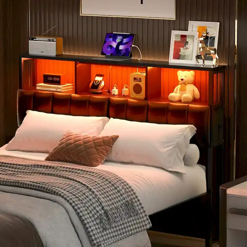 Upholstered Headboard with Hidden Drawer, Head Board with Power Outlet and LED Light