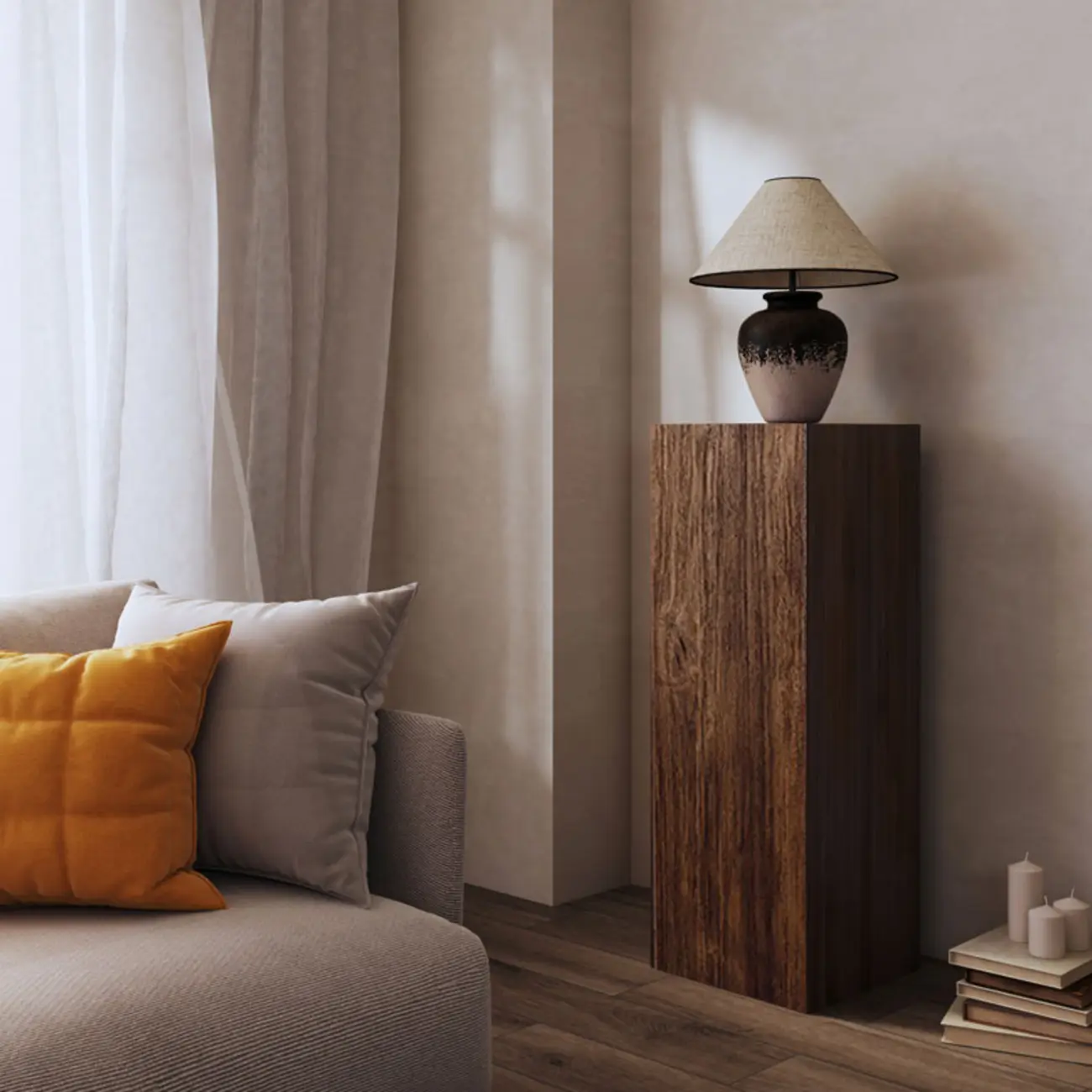 Pillar Rustic Pine Wood Square Accent Side Table