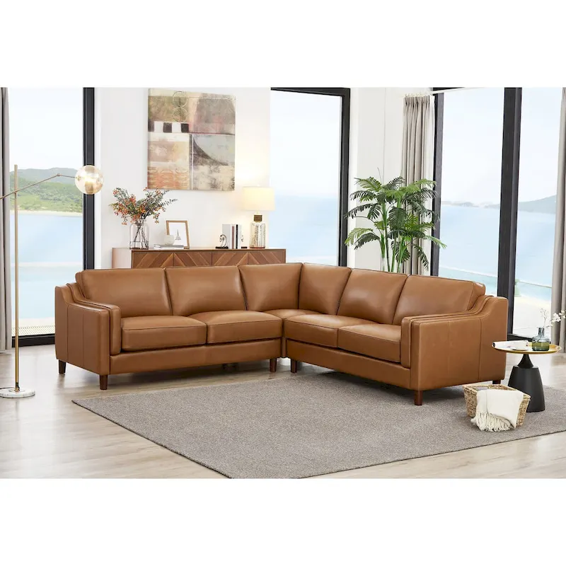 Hydeline Bella Top Grain Leather Symmetrical Sectional With Feather, Memory Foam and Springs