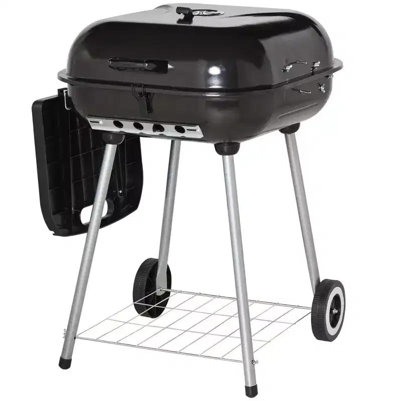 22 Charcoal Barbecue Grill with Portable Wheel, Side Tray and Lower Shelf for Outdoor BBQ for Garden, Backyard, Poolside