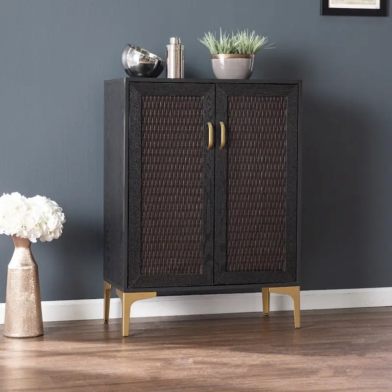 Modern Rustic Black Gold & Faux Rattan Bar Cabinet, Wine Storage, Living Room Furniture
