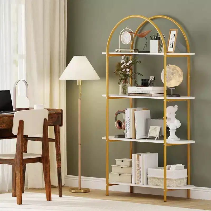 Costway 1/2 PCS Arched Bookshelf, 4-Tier Open Bookcase with Sturdy Metal Frame for Living Room Rustic Brown and Black/Gold and White