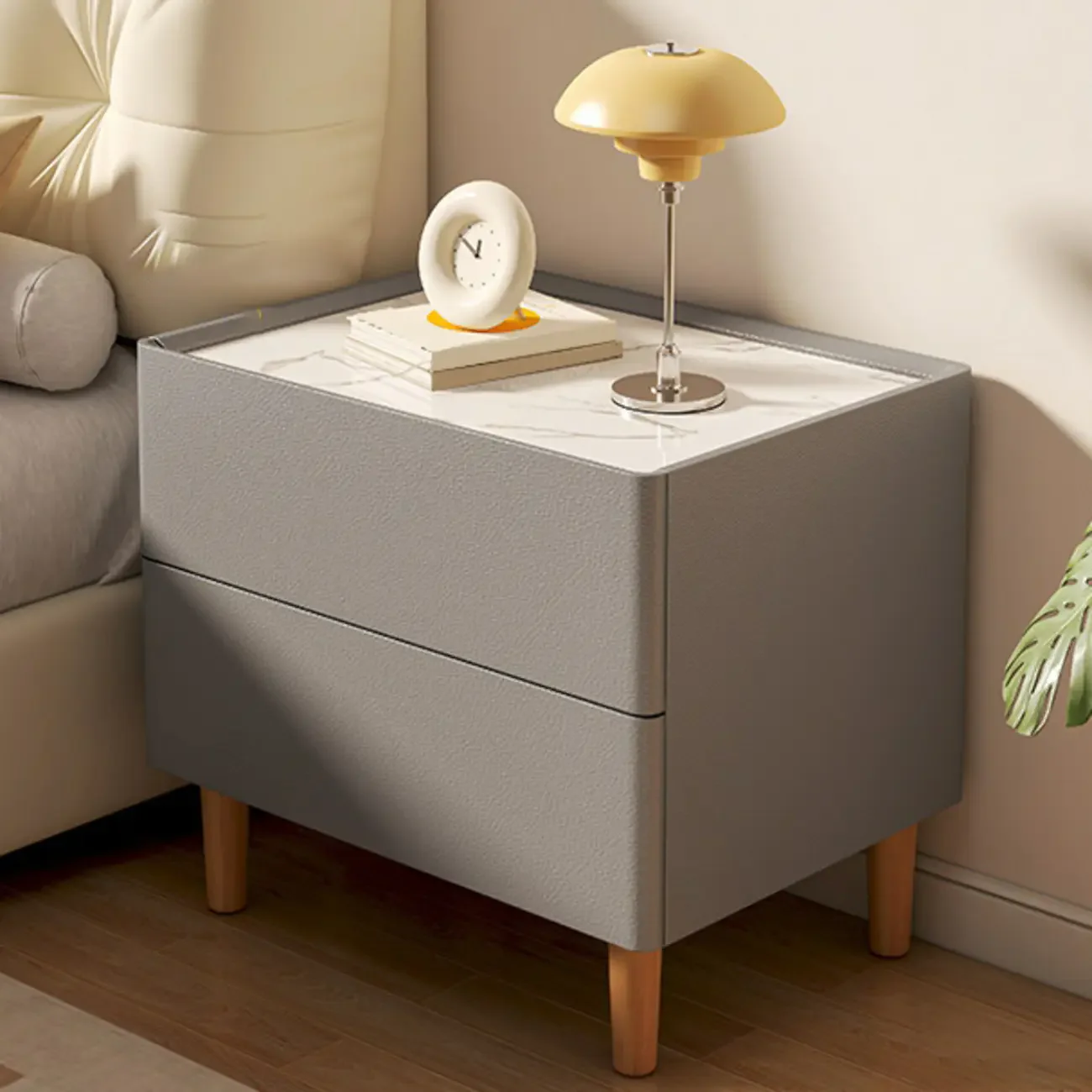 Modern White Sintered Stone Top Leather Drawers Nightstand