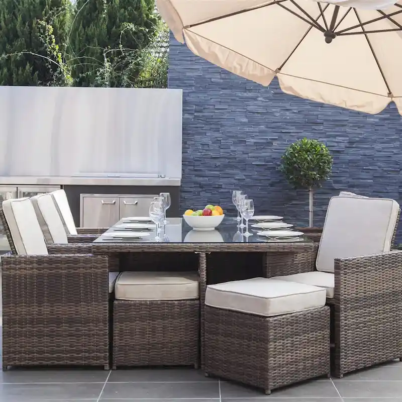 Abrihome 11-piece Patio Wicker Dining Set with Cushions and Ottoman