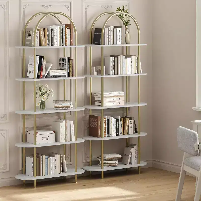 Acekool 5-Tier Arched Bookshelf Set of 2, Metal Frame, Open Storage Display, Anti-Tip, Marble White