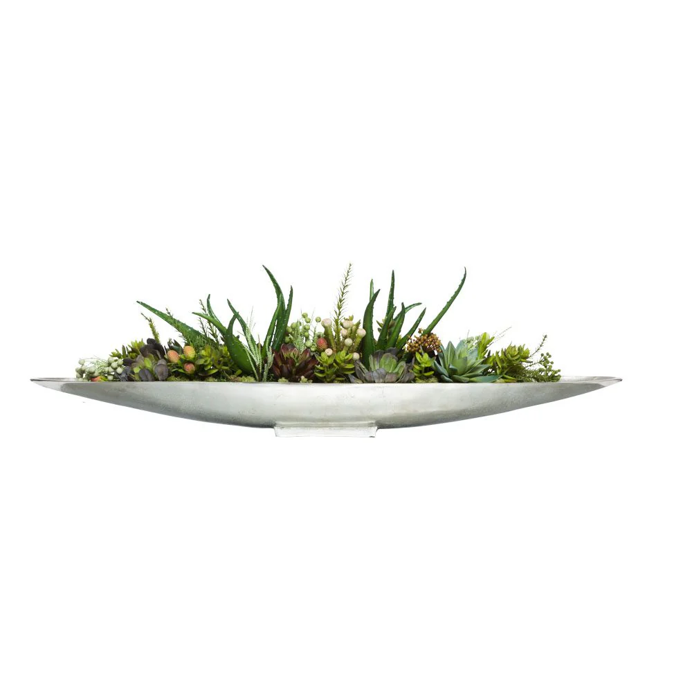 MIXED SUCCULENTS IN LARGE SILVER BOAT