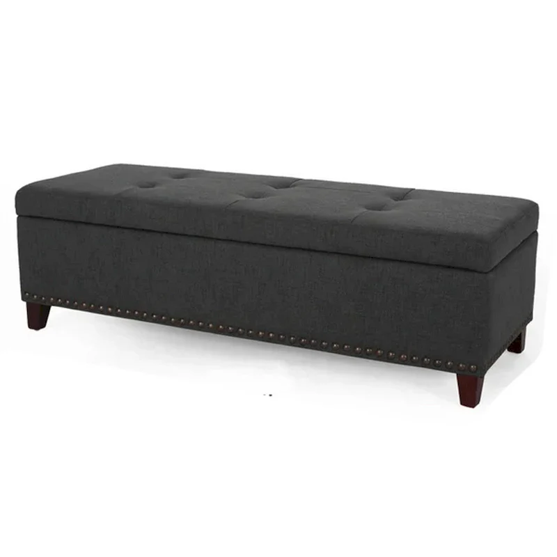 Nancy Storage Ottoman Bench, 51 Inch Dark Gray Fabric,BrassNailhead Trim