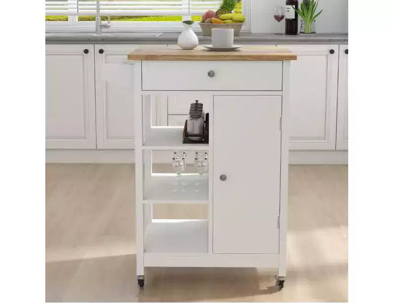 Rolling Kitchen Island Cart on Wheels, Kitchen Trolley with Rubberwood Countertop, 1 Drawer, 2 Doors, Towel Rack, for Kitchen Garage Home Office