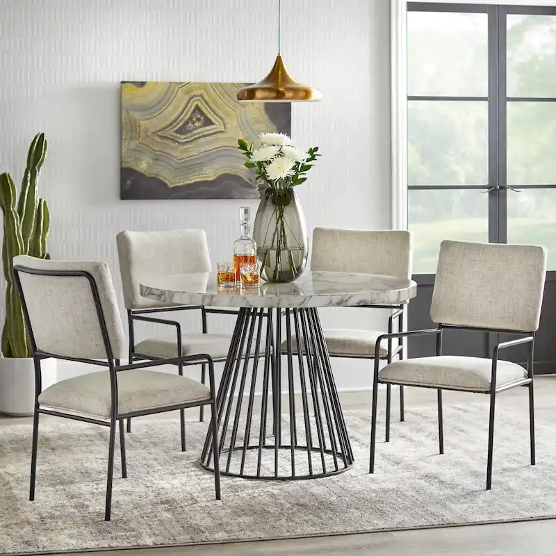 Cream/Black Linen Upholstered Dining Chair with Armrests, Set of 2