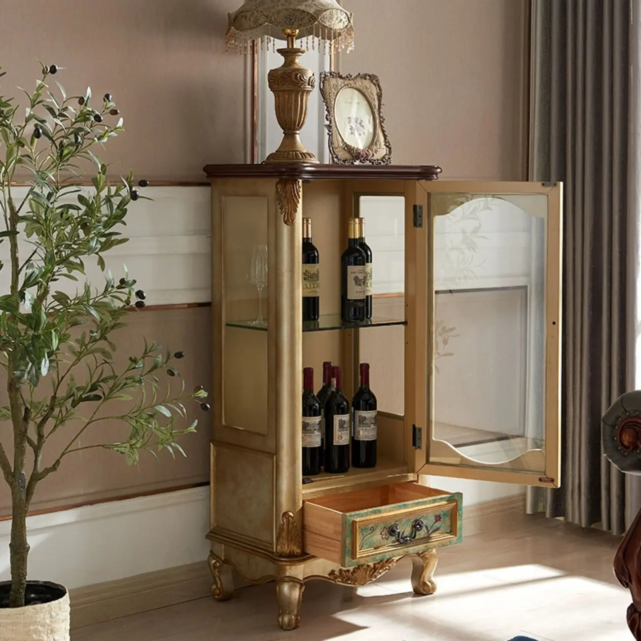 Traditional Tall Wood Blue Glass Shelf Display Cabinet