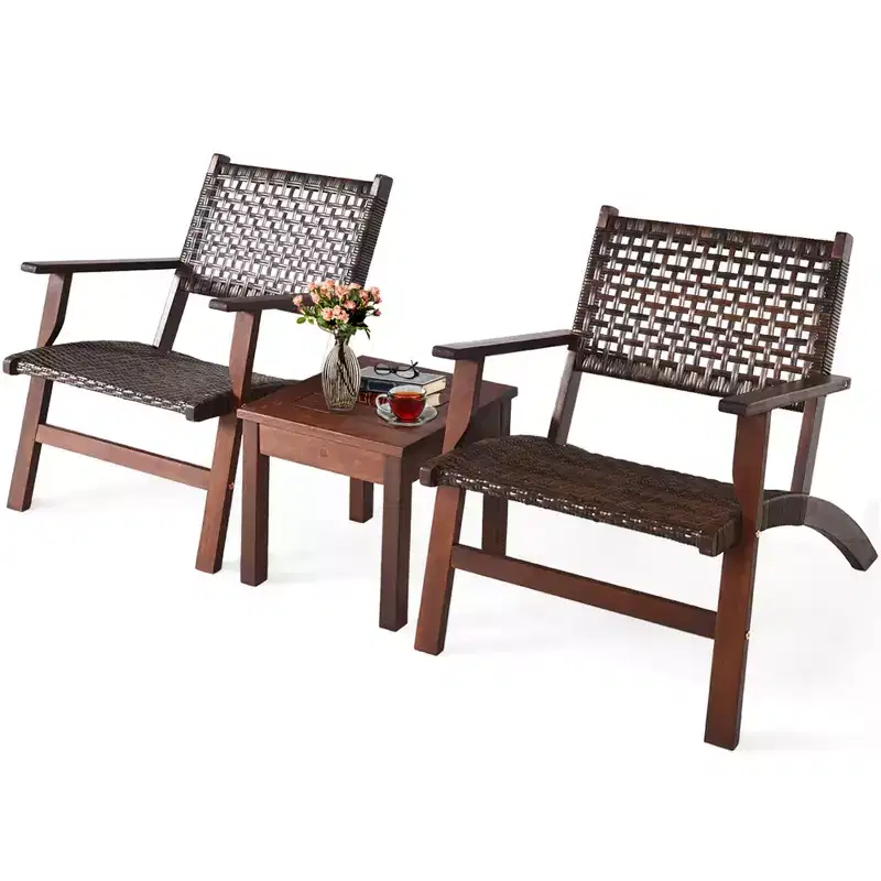 Costway 3PCS Patio Rattan Furniture Set Solid Eucalyptus Wood Frame Bistro Set with Coffee Table Patio Conversation Set (Brown)