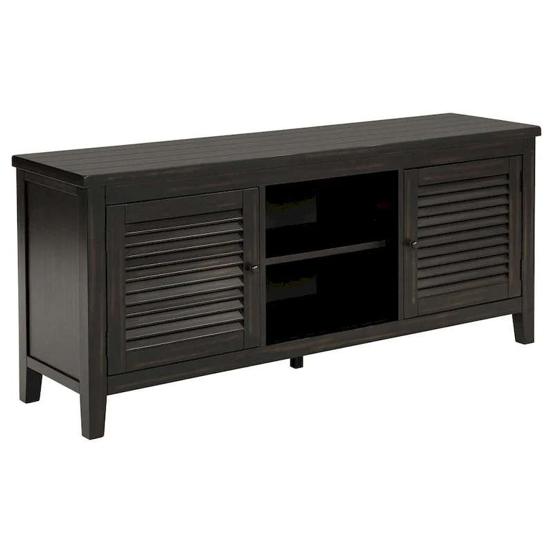 TV Stand Media Cabinet, 2 Door and Shelves, Black Wood 60 Inch