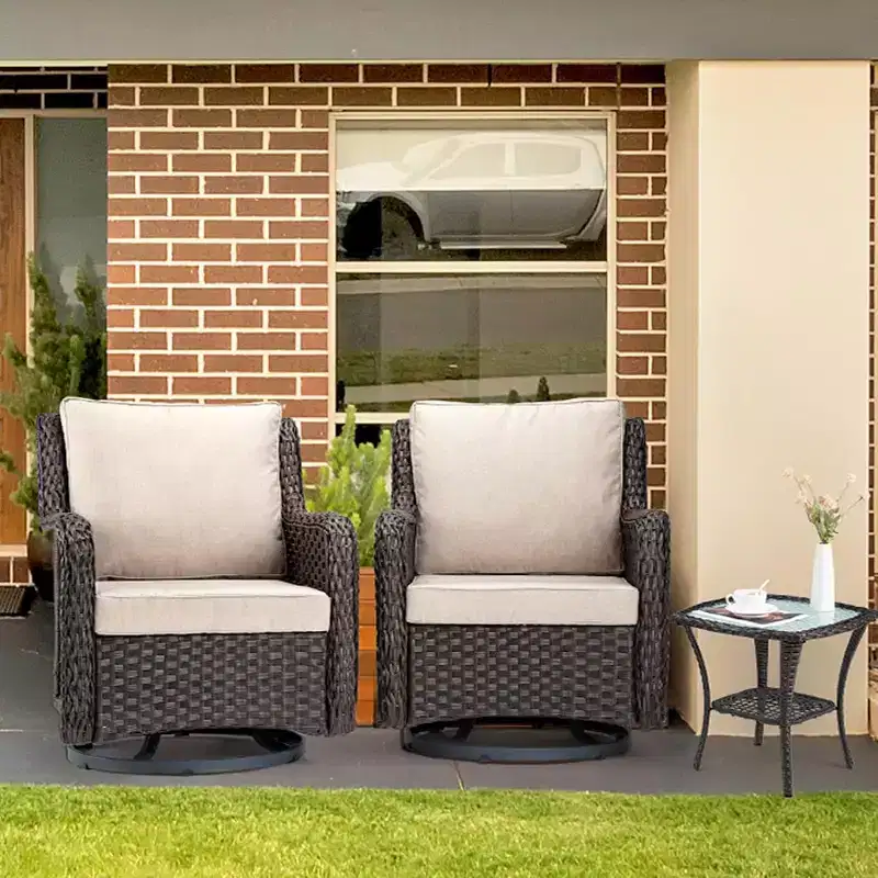 3-piece Outdoor Rattan Rocking Chair Set, 360-degree Rotating Terrace Rattan Rotating Chair, Thick Cushions and Side Table
