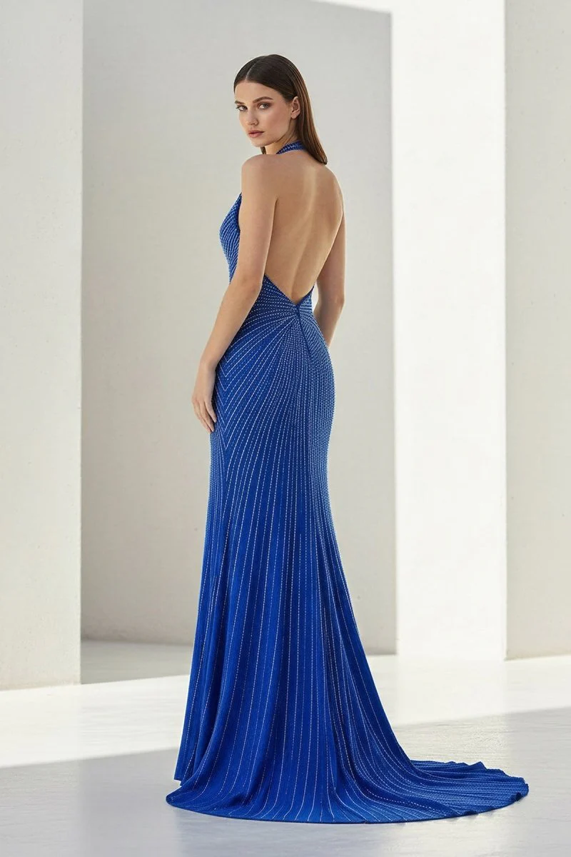 Royal Blue Halter Satin Beaded Mermaid Backless Formal Prom Dresses With Slit