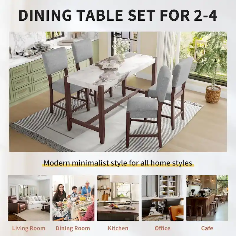 5-Piece Counter Height Dining Table Set, Faux Marble Bar Table and 4 Upholstered-Seat Chairs