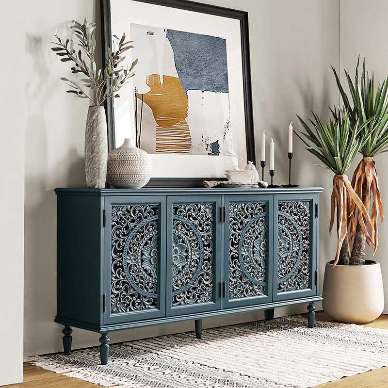 Carved Solid Wood Sideboard with Built-in LED Infrared Lighting, Wine Rack, 4 Cabinets & Adjustable Shelves | Blue / White | Single