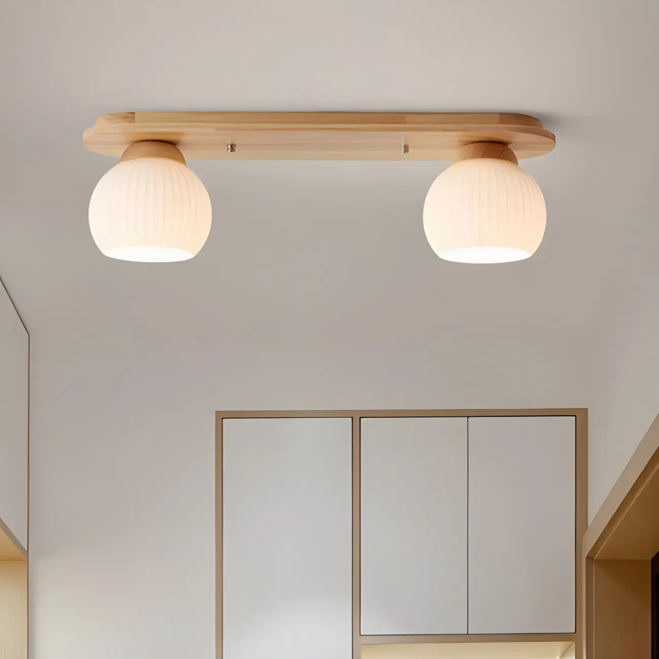 White Globe Glass Natural Wood Flush Mount Ceiling Light