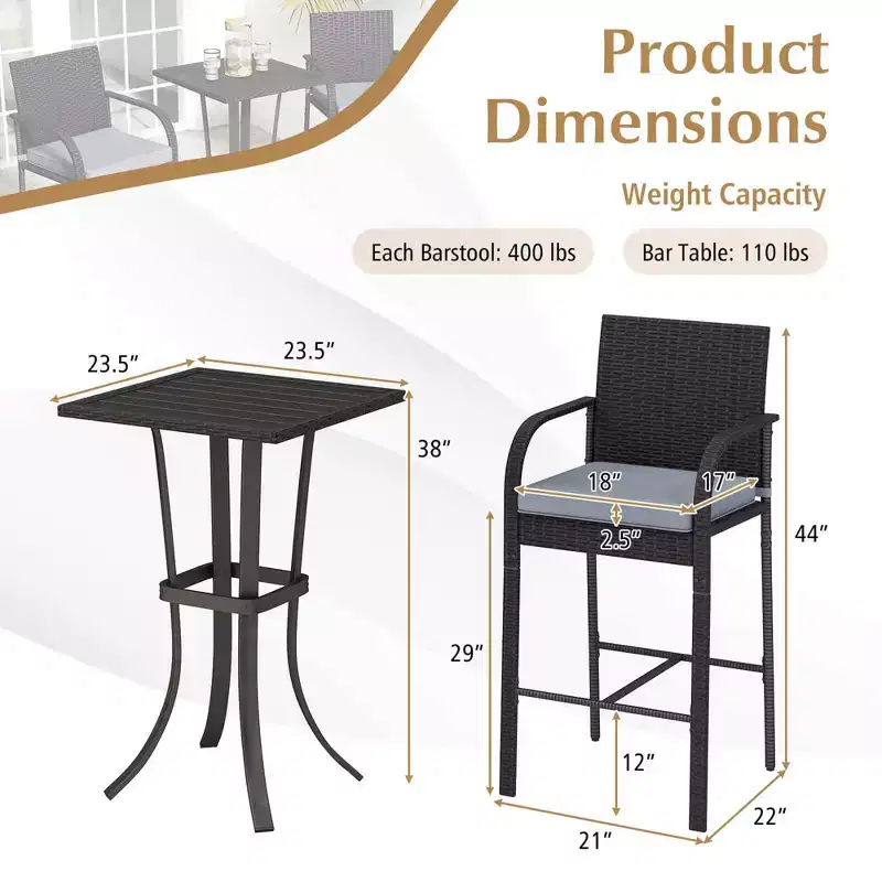 Costway 3 PCS Patio Wicker Bar Set Rattan Chairs & Square Table with Heavy-Duty Metal Frame