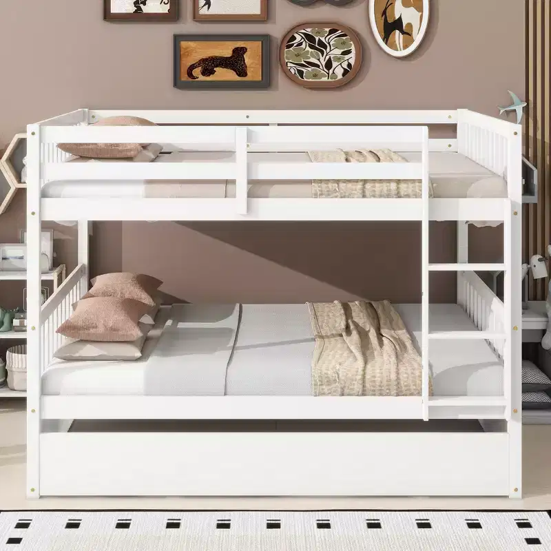 MAYEERTY Full Rubber Wood Bunk Bed with Trundle Ladder and Guardrails Convertible to 2 Full Beds White