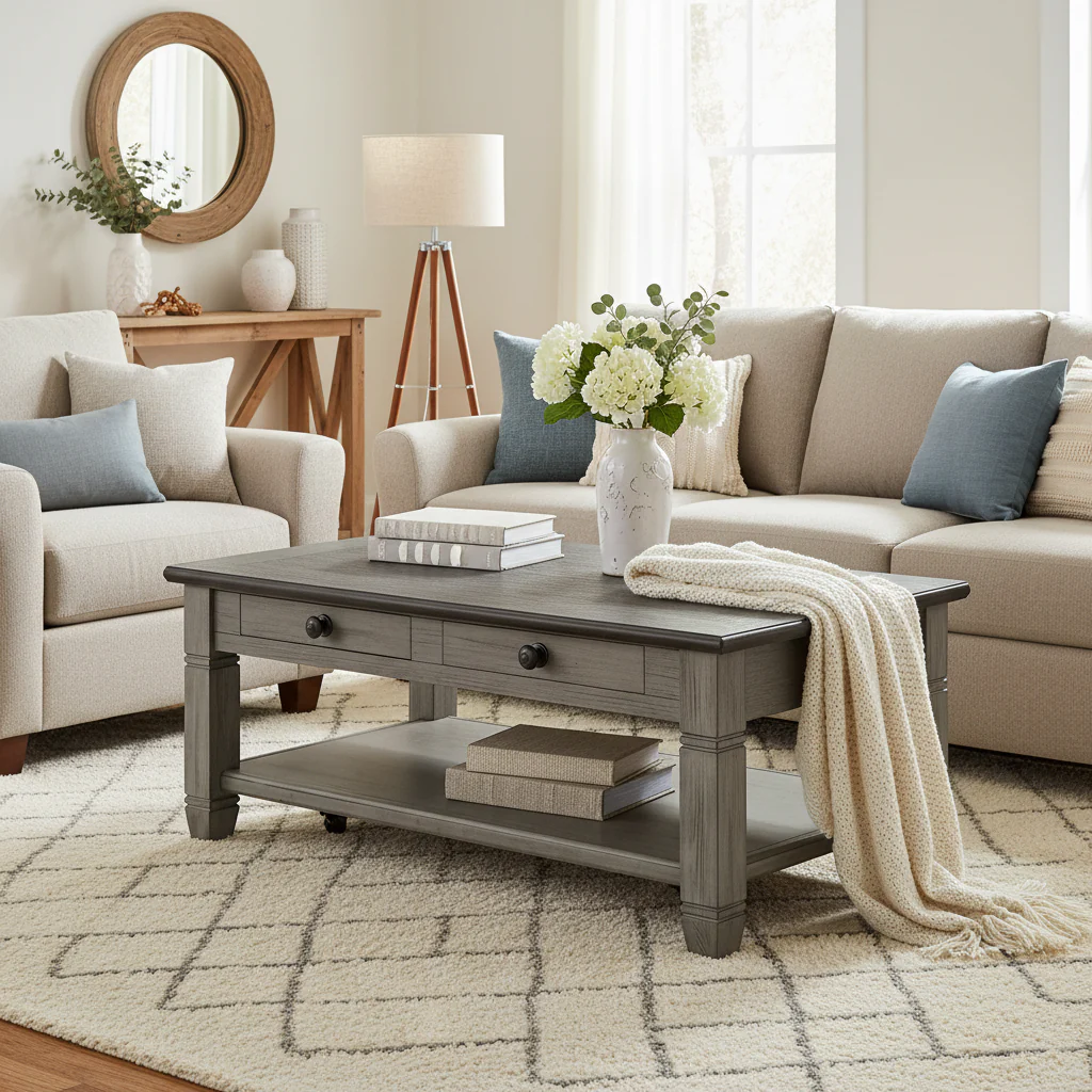 48 Inch Cocktail Table, 2 Drawers, Casters, Brown and Gray Solid Wood