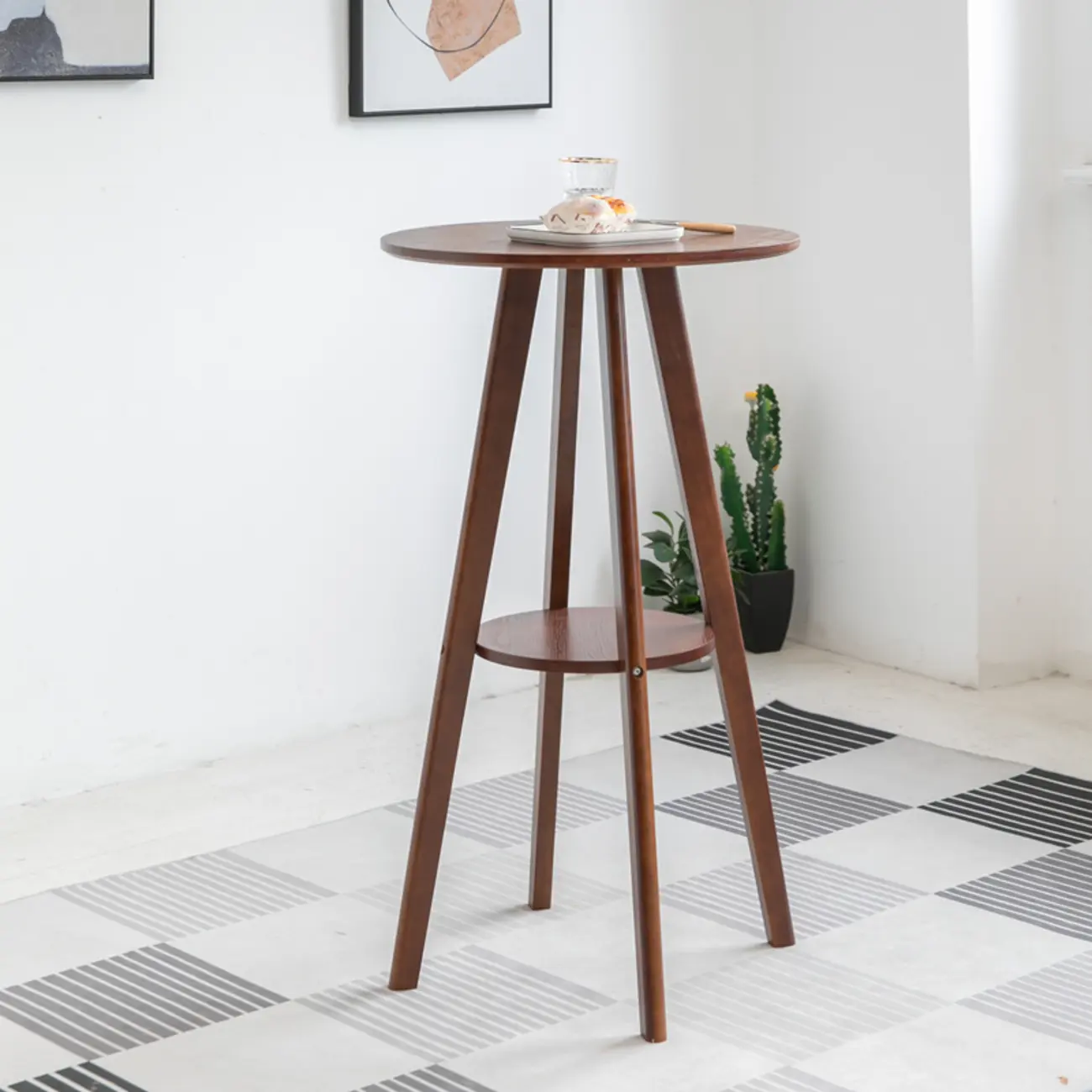 Natural Wood Round Bar Table with Shelf for Kitchen Dining
