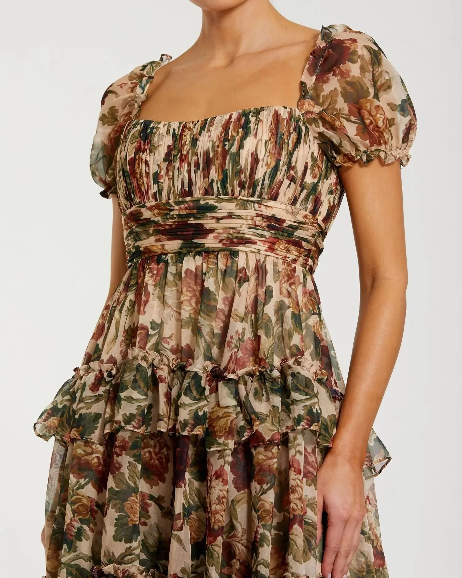 Beige Chiffon Ruffle A Line Midi Dress with Puff Sleeves