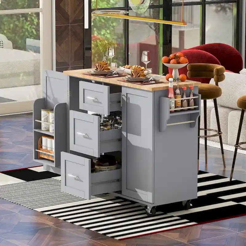 50 in. W Kitchen Island Rubberwood Top on 5 Wheels with 3 Drawers and 2 Slide-Out Shelf