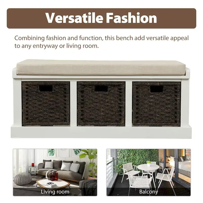 Entryway Bench with 3 Removable Classic Rattan Baskets - 43.7L x 15.7W x 17H