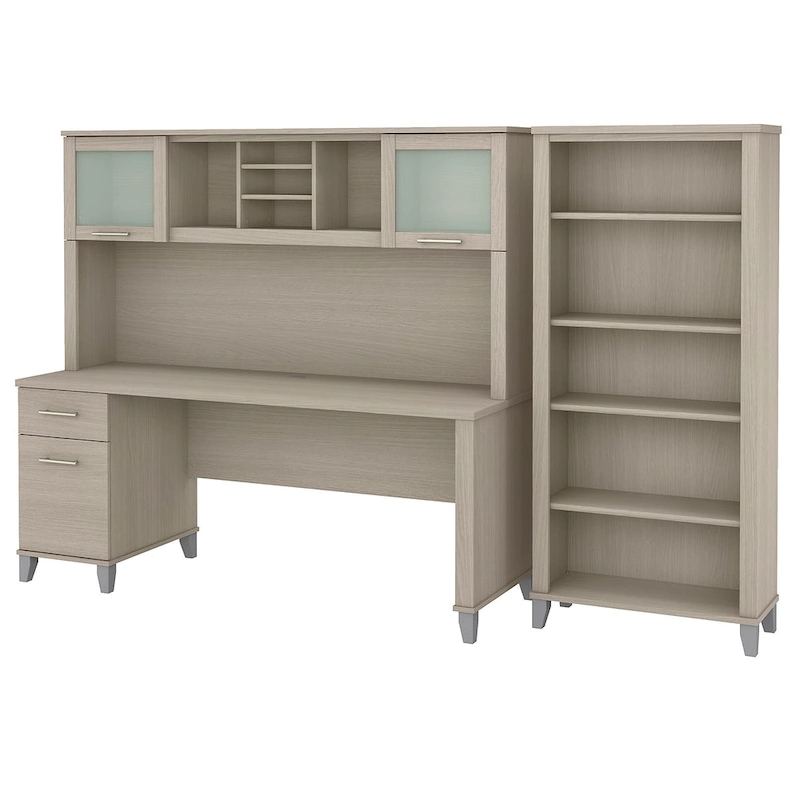Somerset 72W Office Desk with Hutch and 5 Shelf Bookcase in Ash Gray