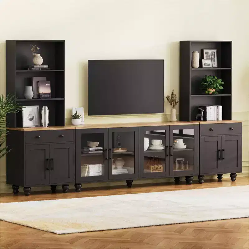 Whisen Farmhouse TV Stand for TVs Up to 70 with Bookshelves and Tempered Glass Doors