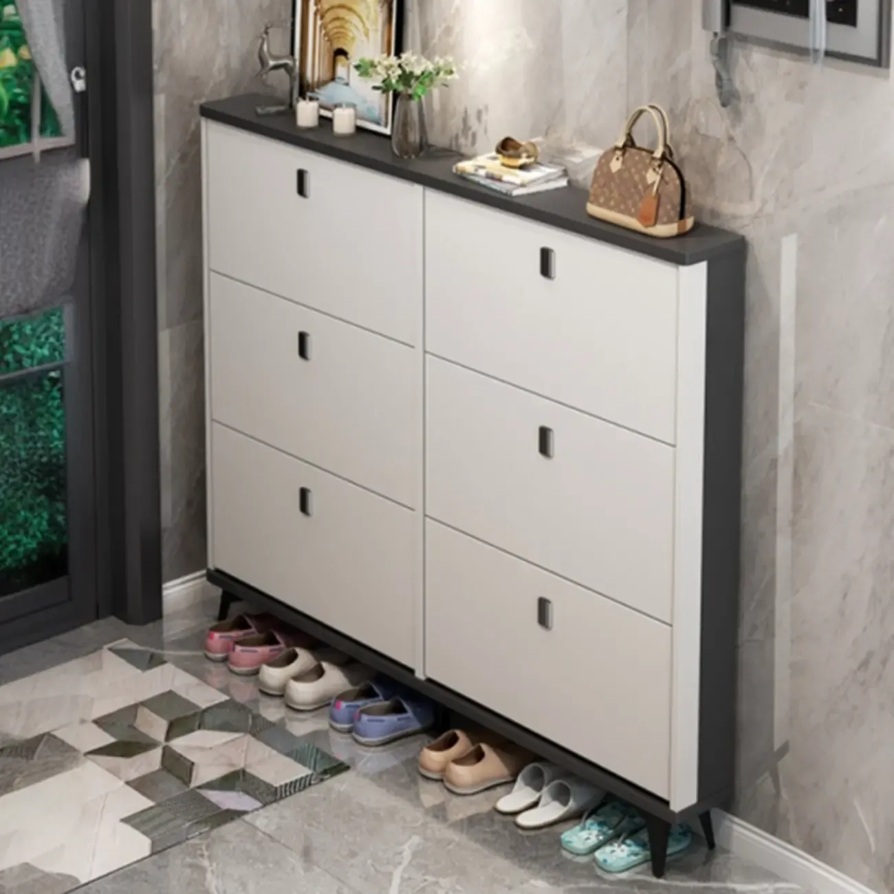 Modern Wood Shoe Cabinet with Adjustable Shelves, Entryway